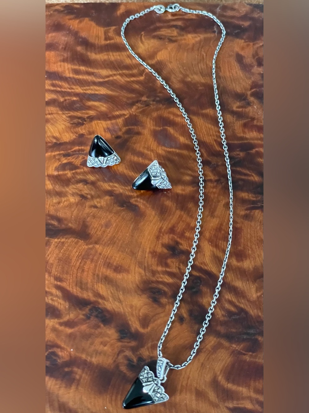 Vintage Art Deco Revival Sterling 925 Onyx Triangle Marcasite necklace Earrings